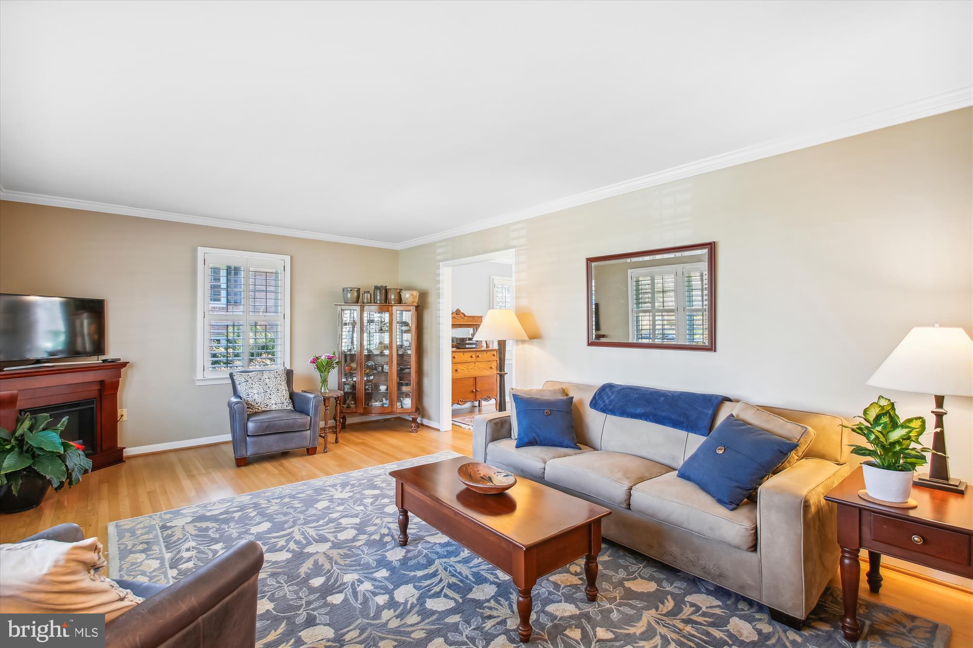 Living room with a gray sofa, blue accents, patterned rug, and fireplace with television.