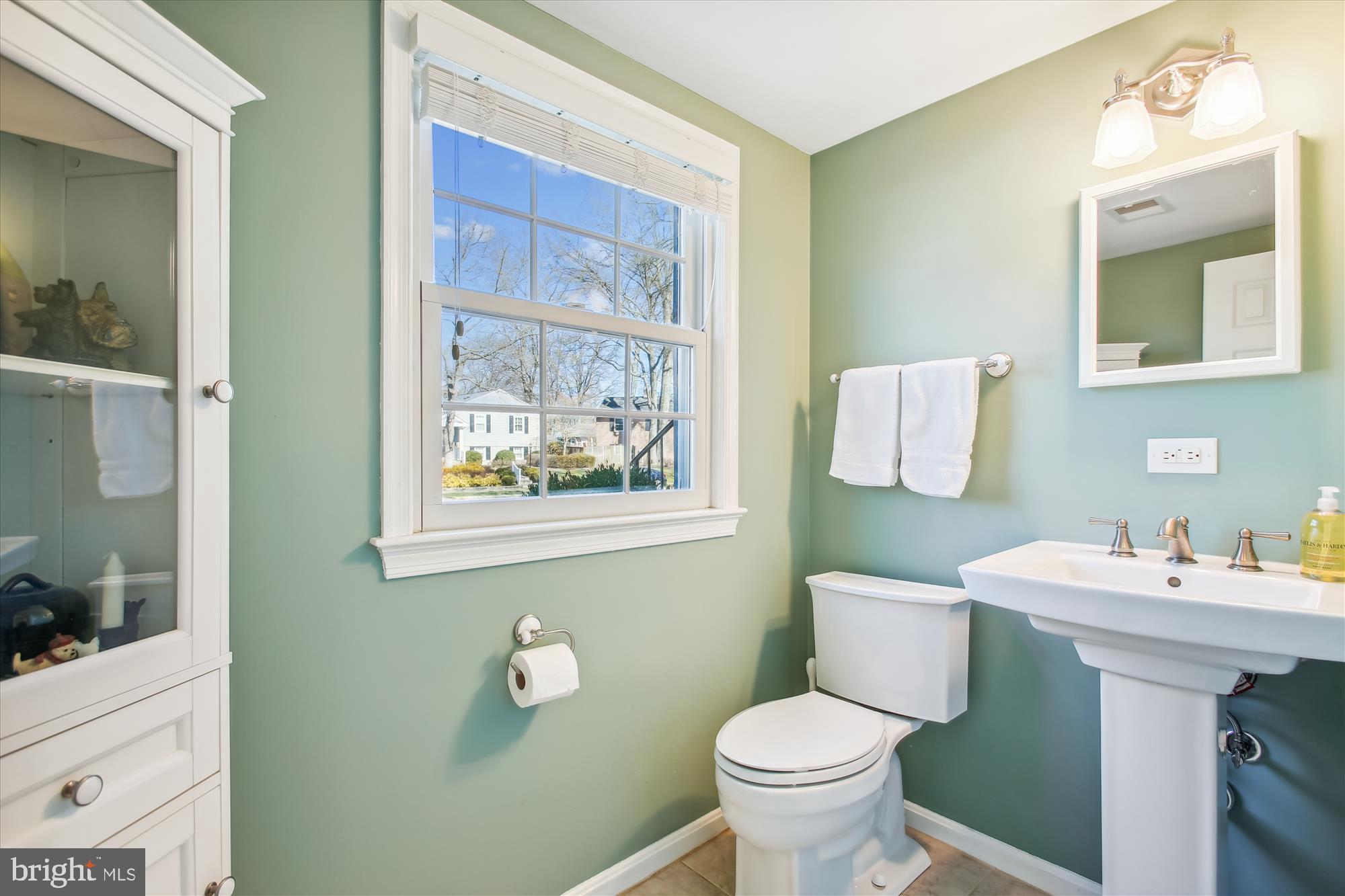 Bathroom with pale green walls, a white pedestal sink, and a large window.