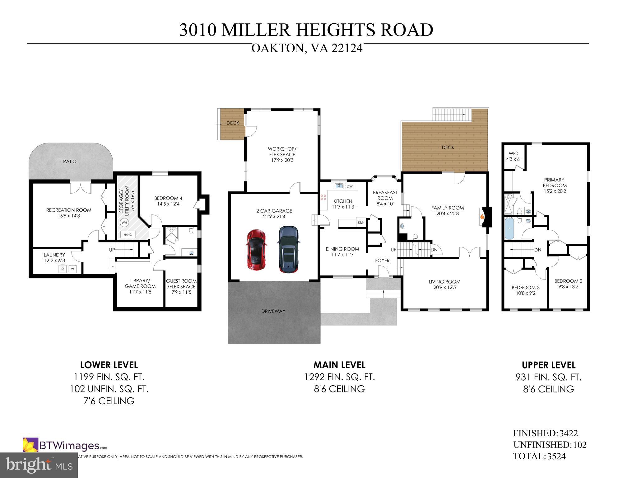 Three-level floor plan showing room layouts, a two-car garage, patio, decks, and finished square footage.