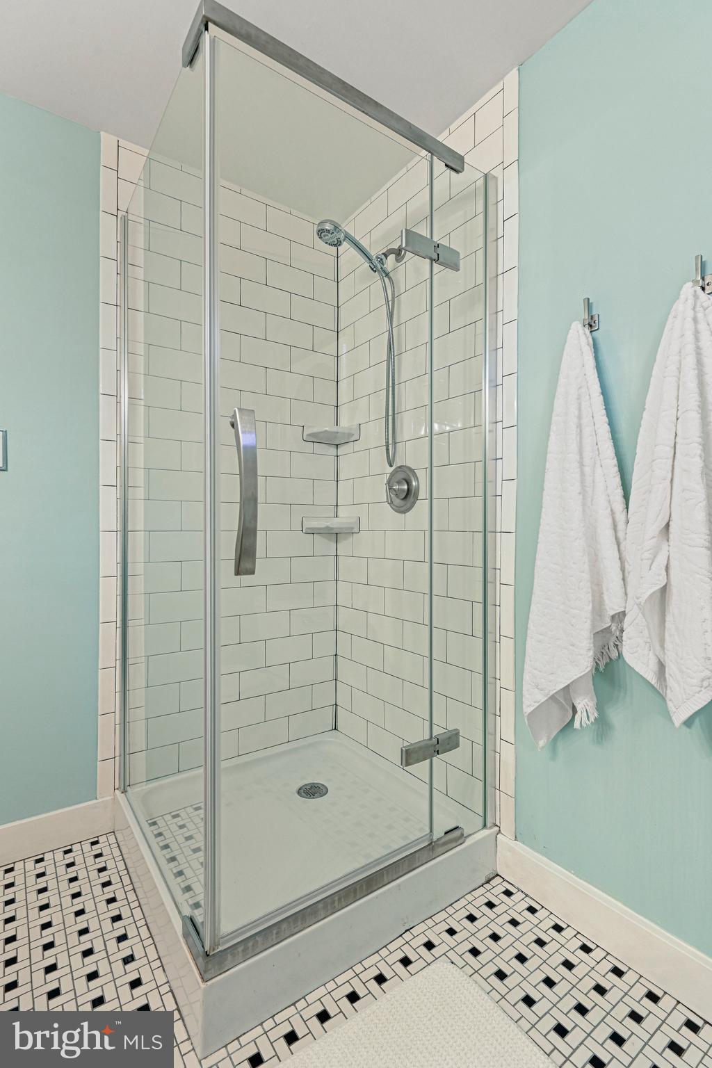 Glass-enclosed bathroom shower with white subway tile, aqua walls, and a mosaic floor.