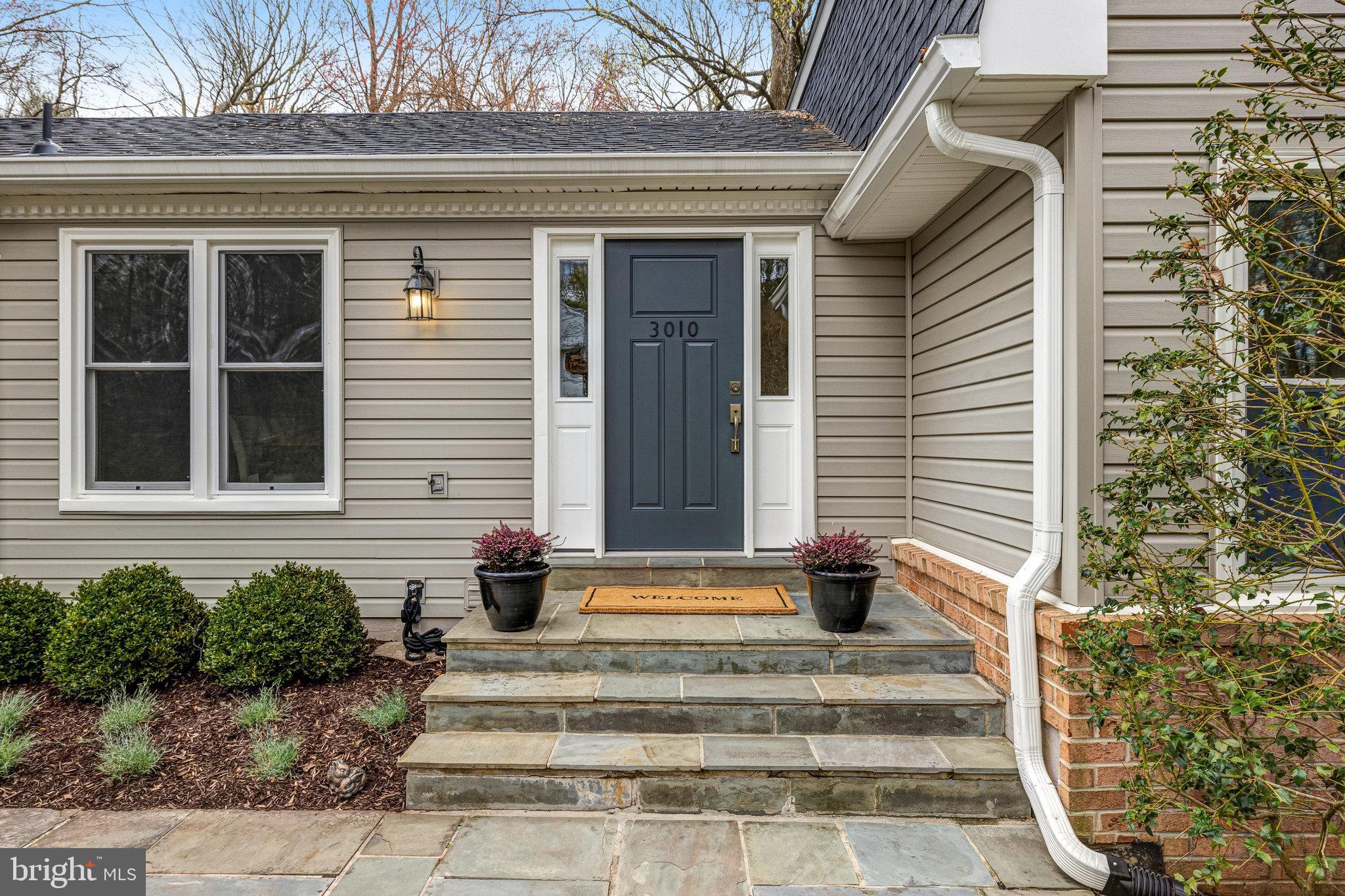 House entrance with a blue door marked 3010, stone steps, and potted flowers.