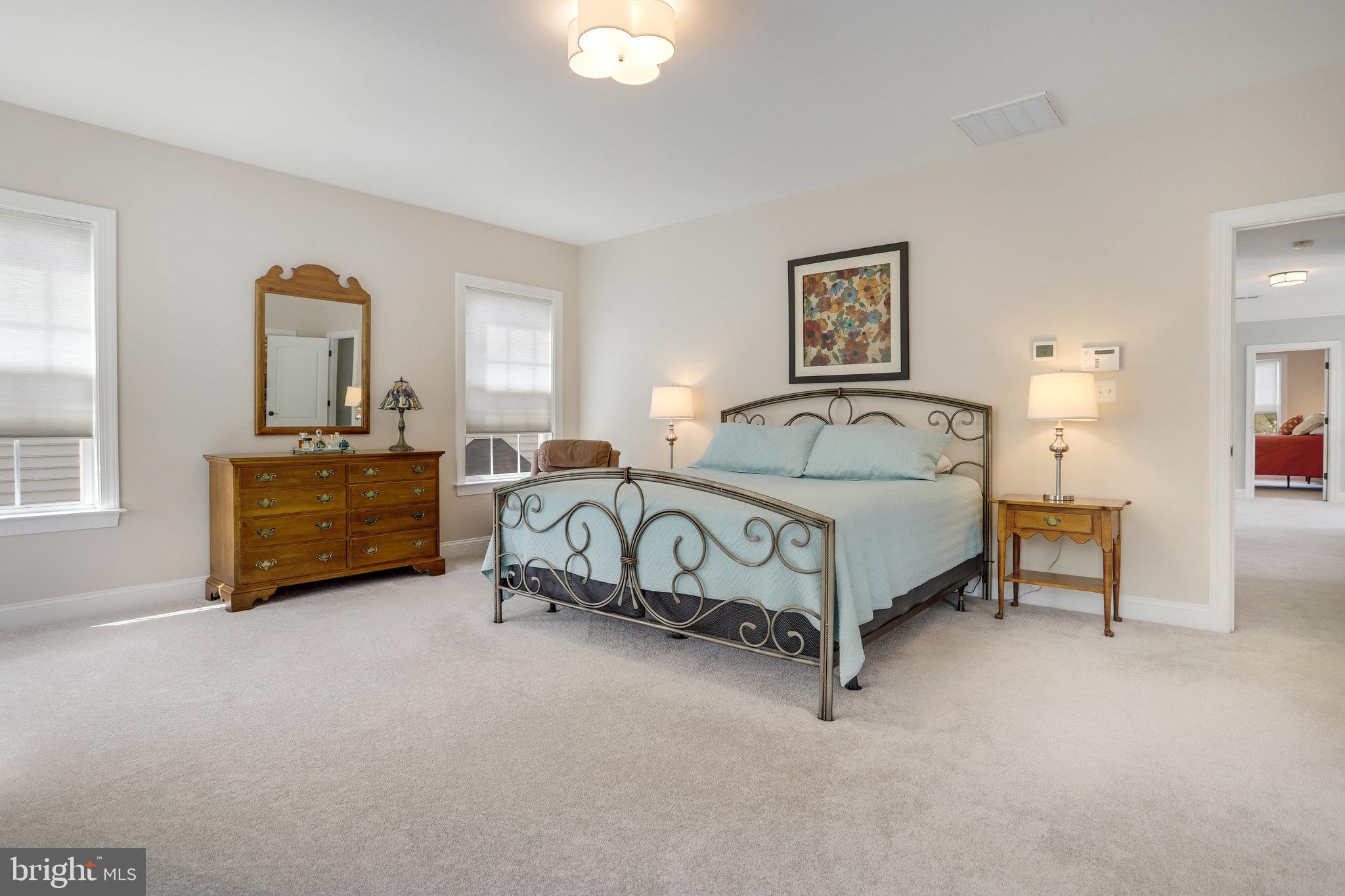 Furnished bedroom with a pale blue bed, ornate metal frame, wooden dresser, and wall mirror.