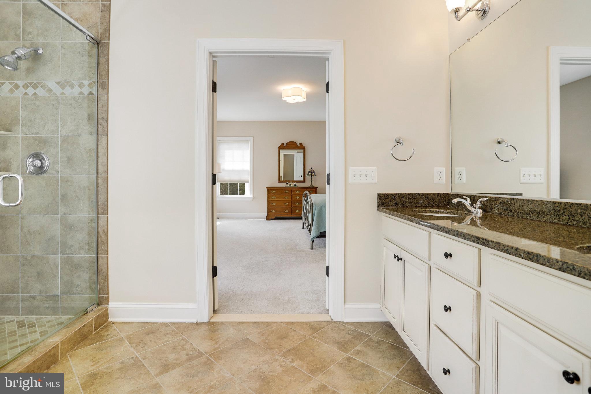 Bathroom with tiled glass shower and granite vanity, looking through to a carpeted bedroom.
