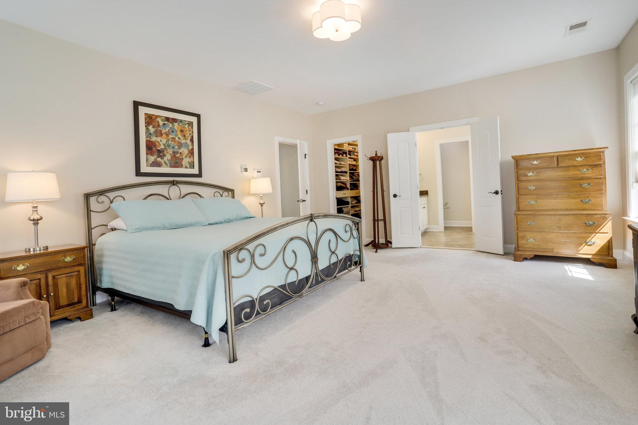 Furnished bedroom with a pale blue bed, ornate metal frame, and open doors to a walk-in closet and bathroom.