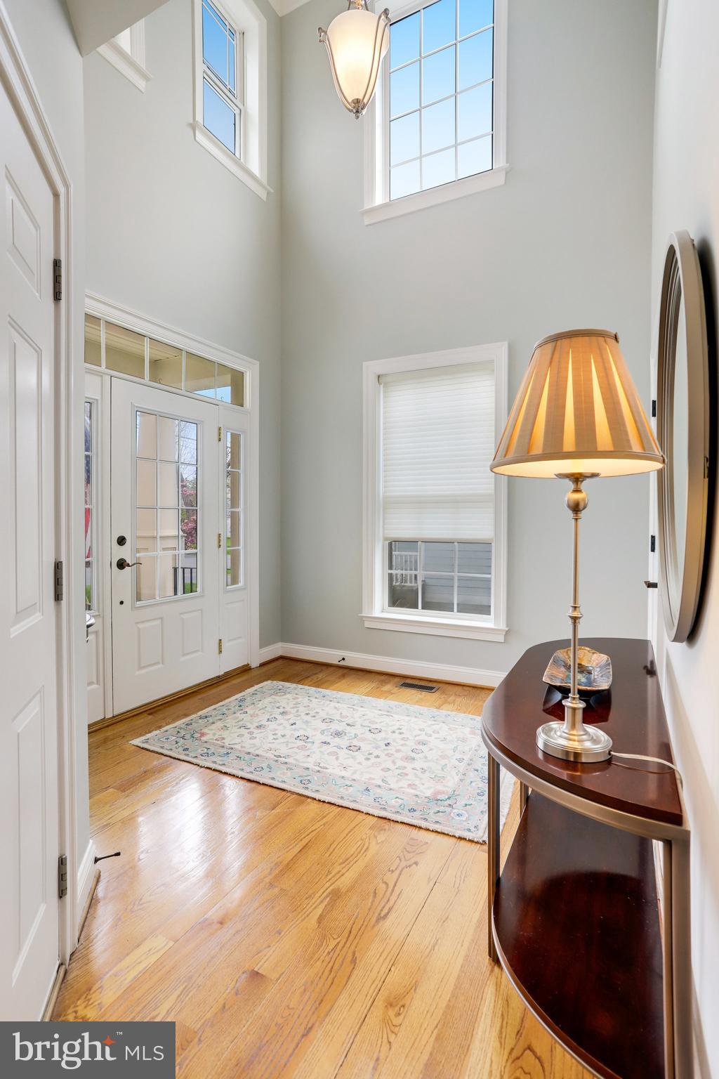 Two-story foyer with hardwood floors, tall windows, a glass-paneled front door, and a console table.