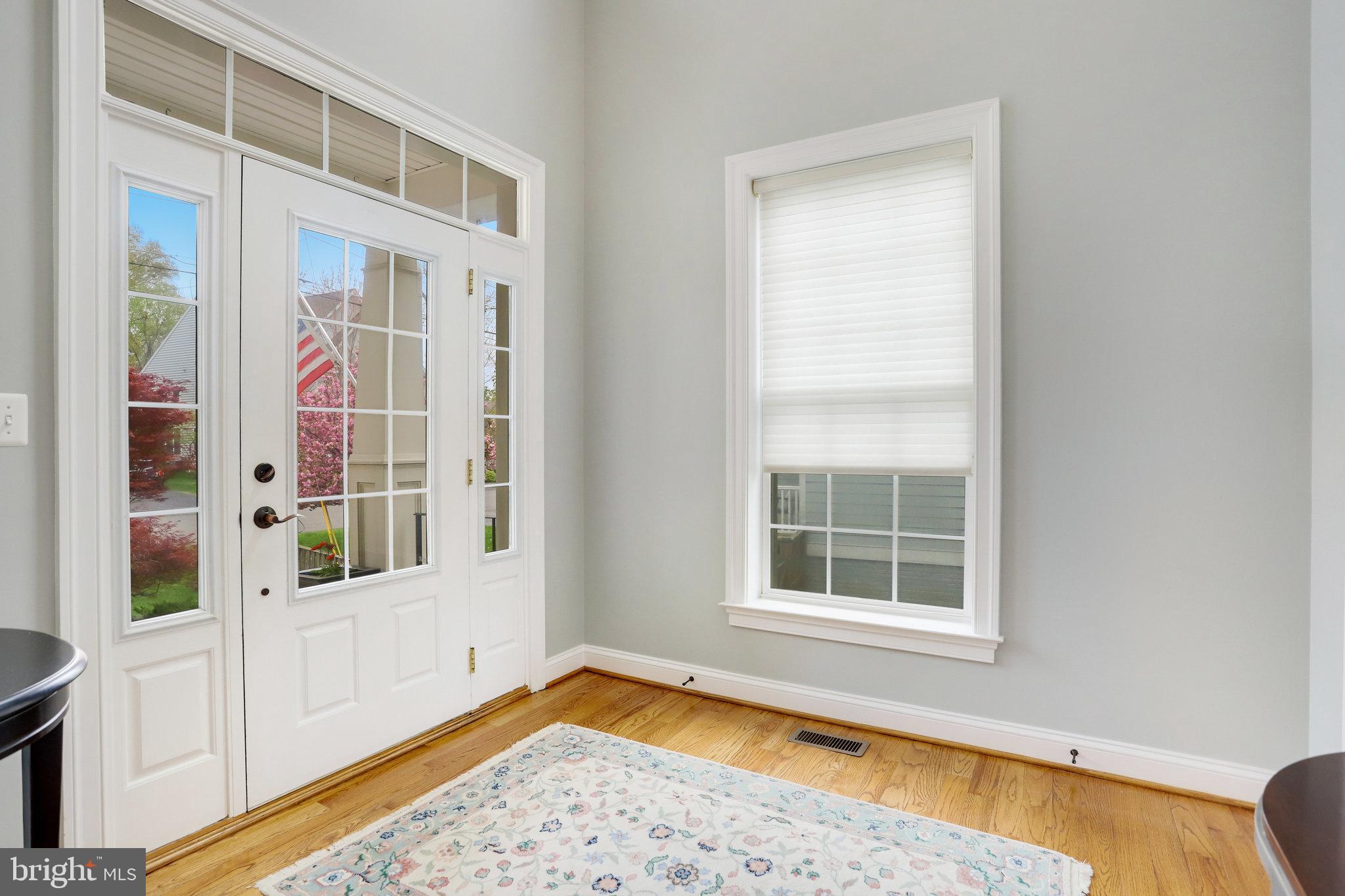 Entry foyer with a glass-paneled front door, hardwood floors, and a patterned rug.