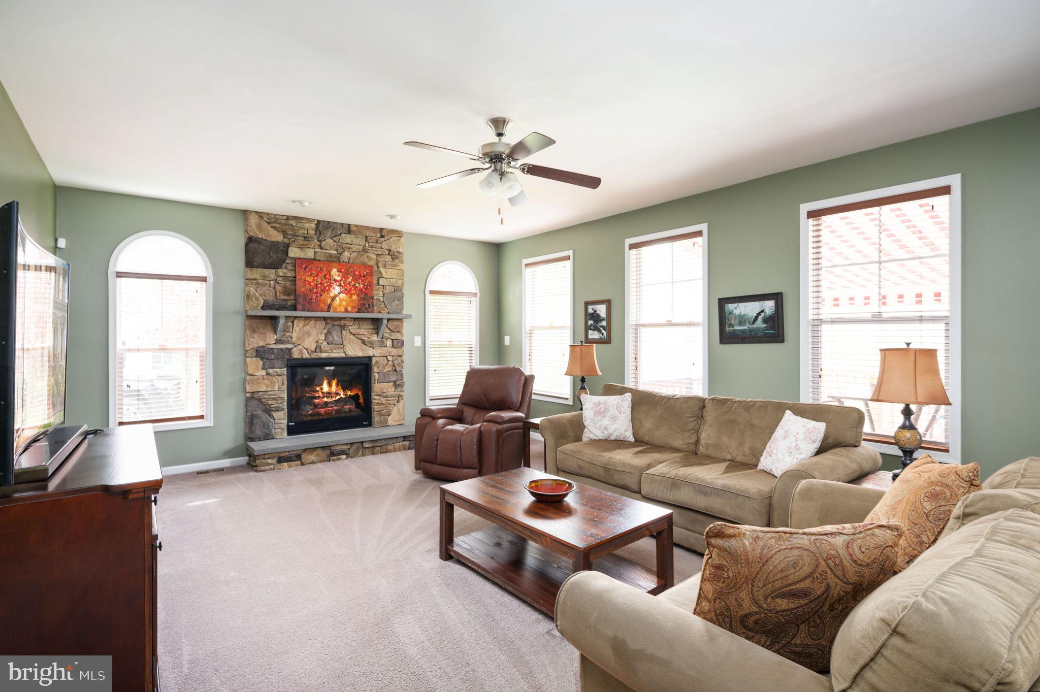 Furnished living room with a stone fireplace, sage-green walls, and large windows.