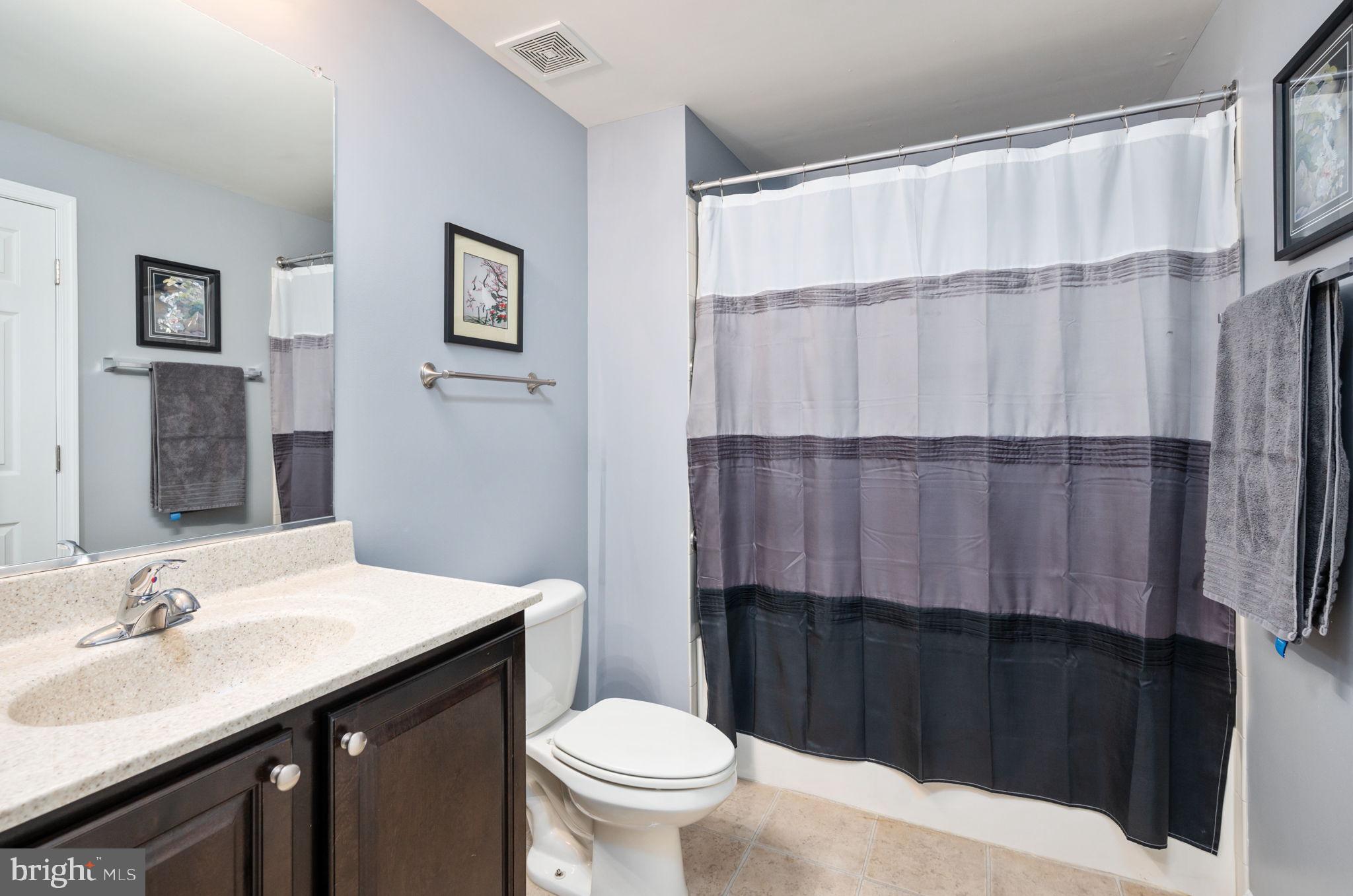 Bathroom with a dark wood vanity and a striped shower curtain.
