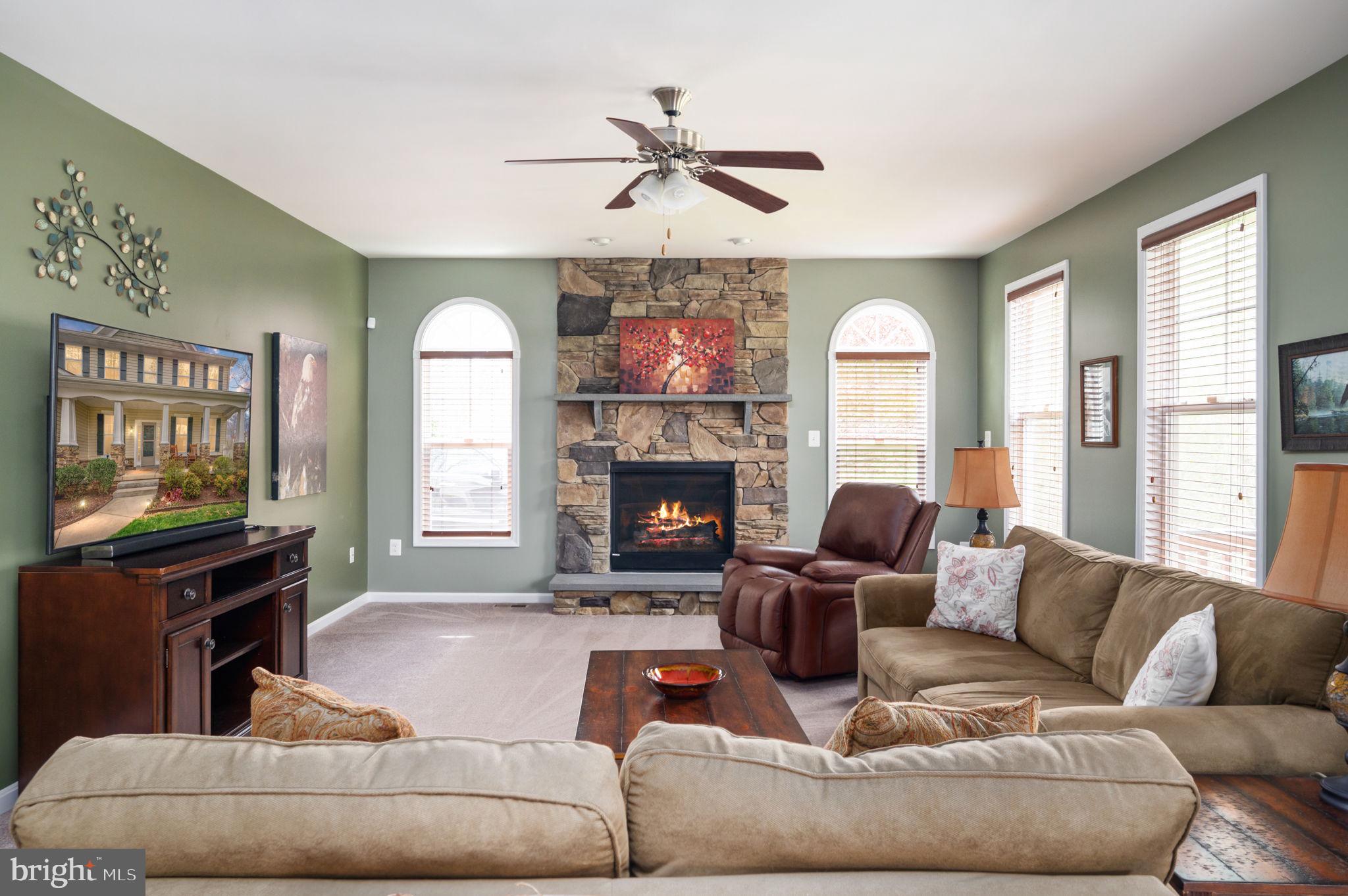 Furnished living room with a stone fireplace, lit fire, and sage-green walls.