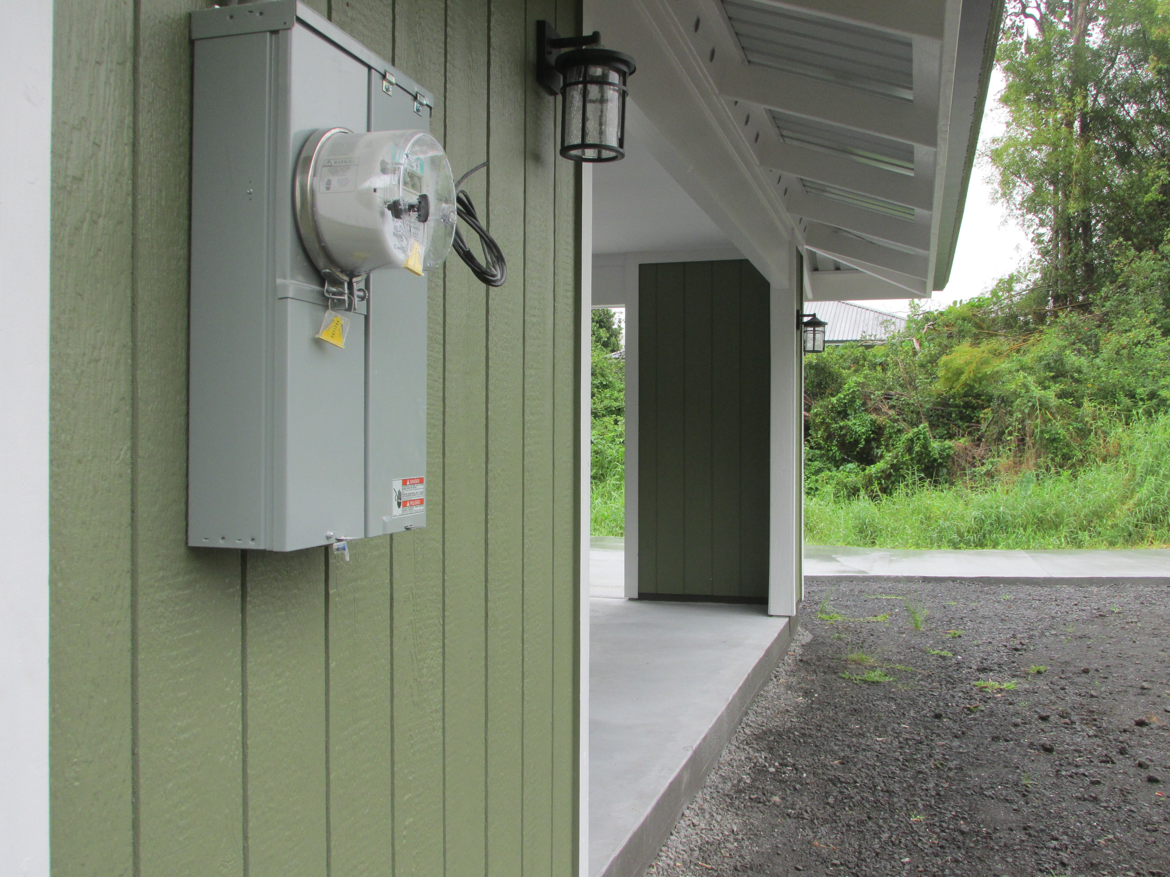 Green-sided home with an electrical meter beside a covered porch and tropical greenery.