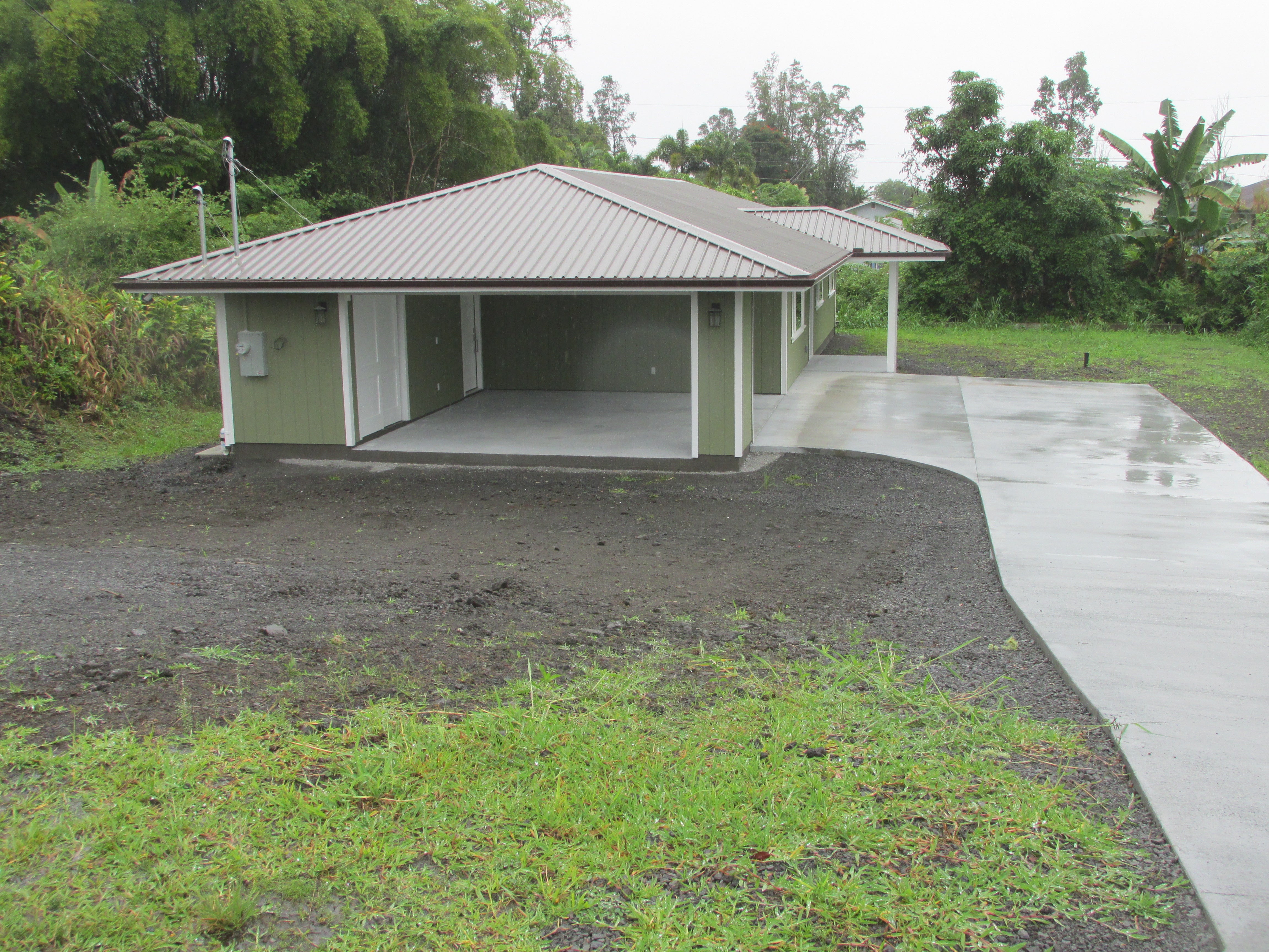Green single-story home with a metal roof, wide covered carport, and concrete driveway amid tropical greenery.