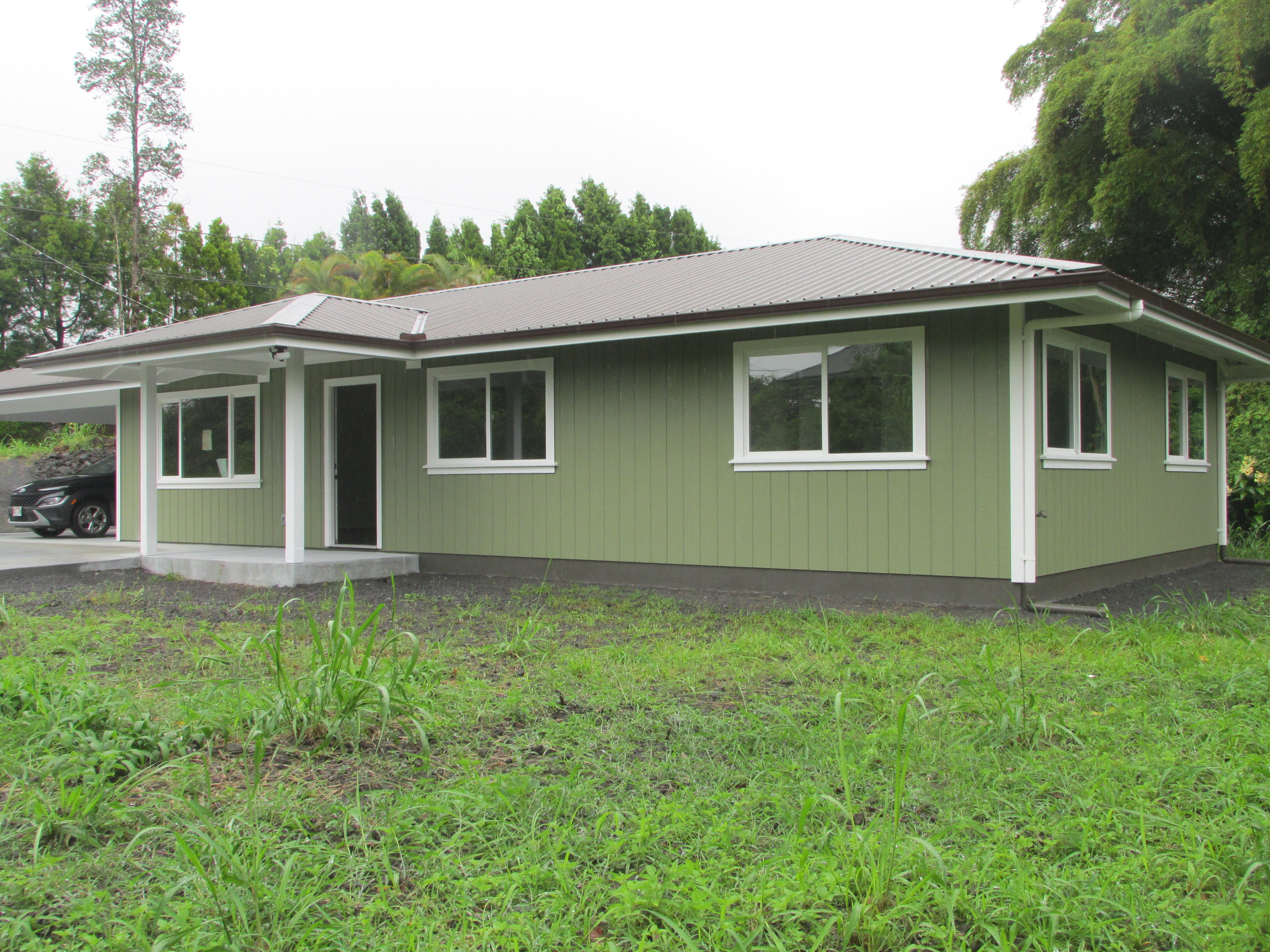 Green single-story house with white trim, a metal roof, and a covered carport amid tropical greenery.