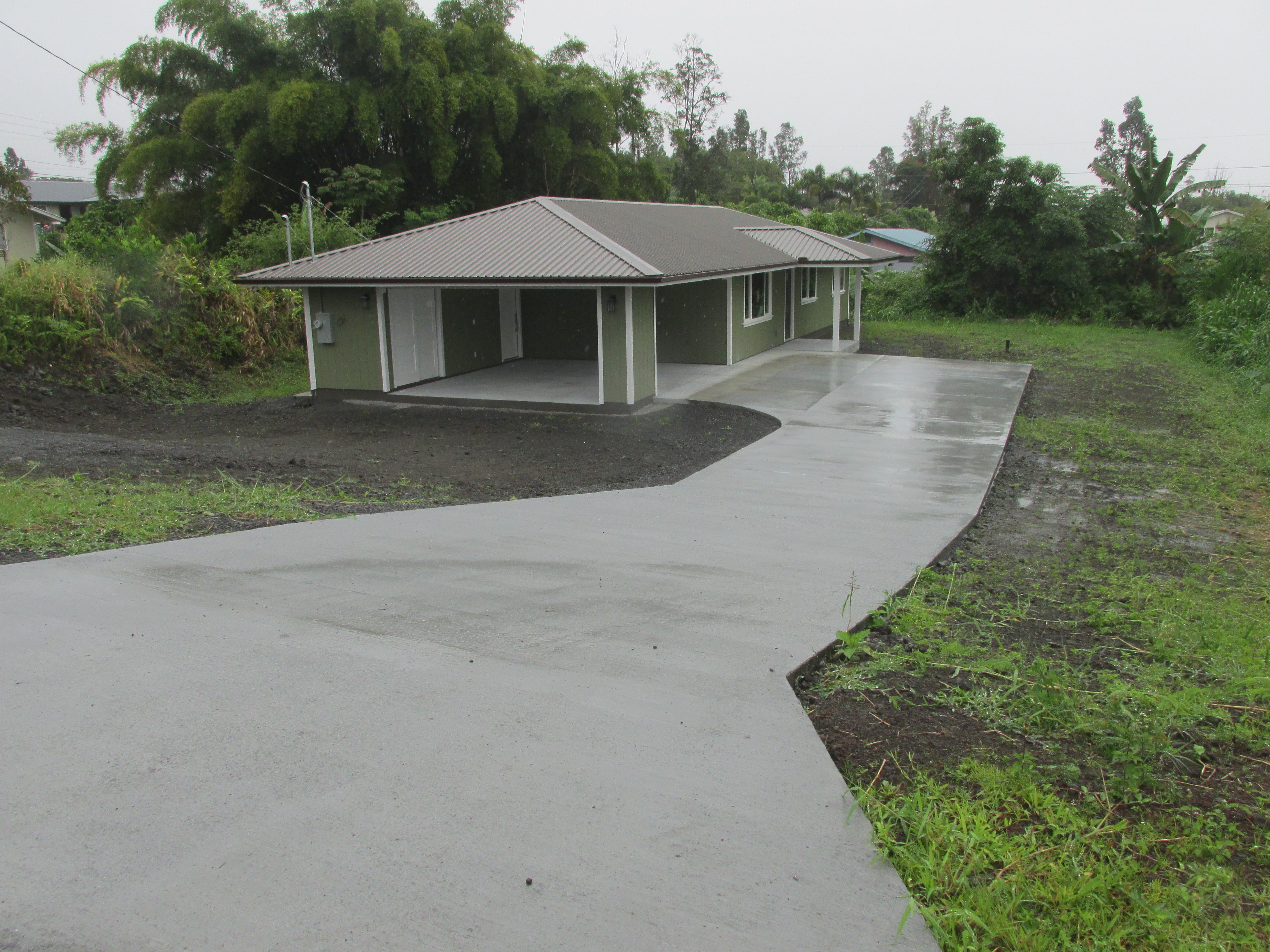 Single-story green house with a metal roof and broad curved concrete driveway amid tropical greenery.