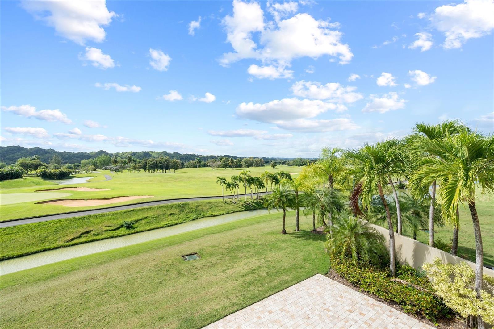 Golf course view with a winding waterway, palm trees, and paved patio.