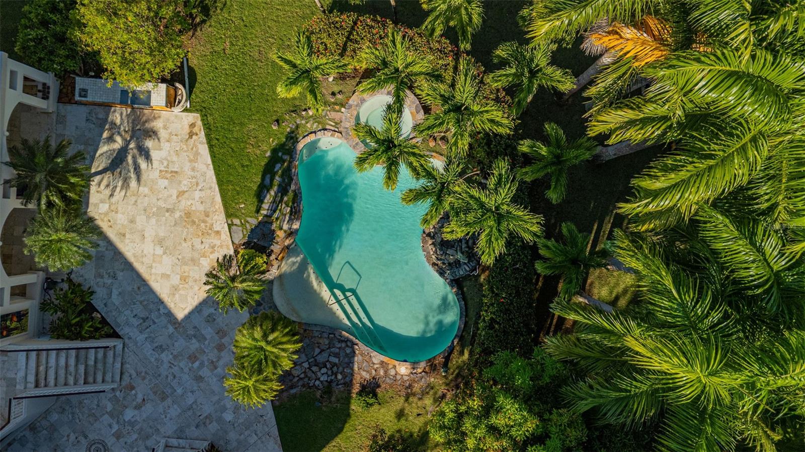 Curving swimming pool and round spa amid tropical palms and a stone patio.