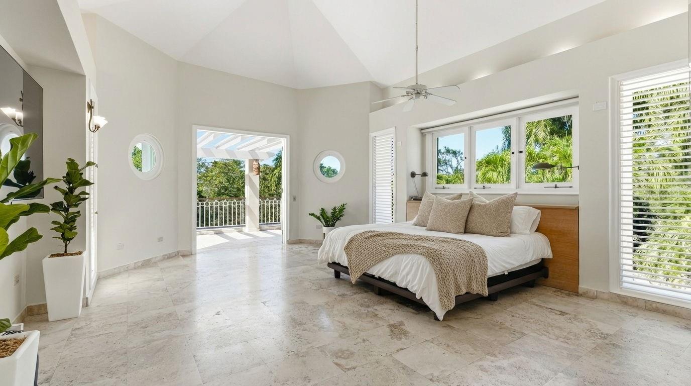 Bright bedroom with a king-size bed, vaulted ceiling, marble floors, and windows overlooking greenery.