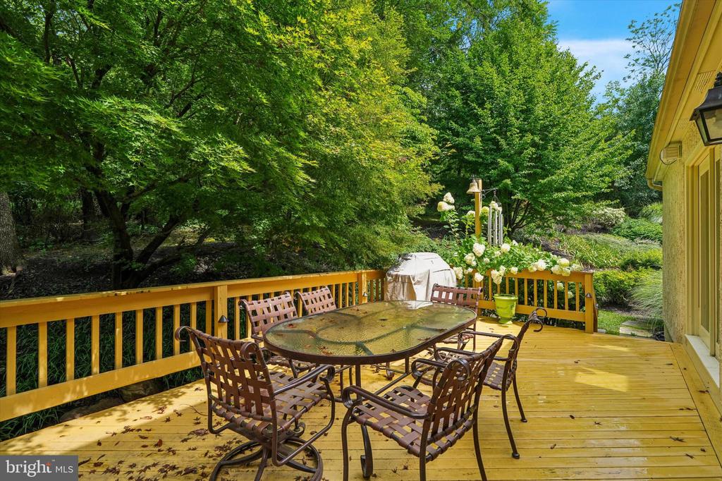 Wooden backyard deck with outdoor dining set, surrounded by mature trees and garden plants.