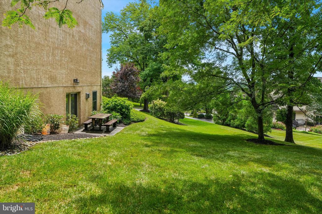 Side yard with a broad lawn, mature trees, and picnic table beside the tan stucco home.
