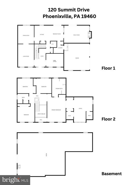 Three-level floor plan of 120 Summit Drive, with labeled rooms, a garage, and basement.