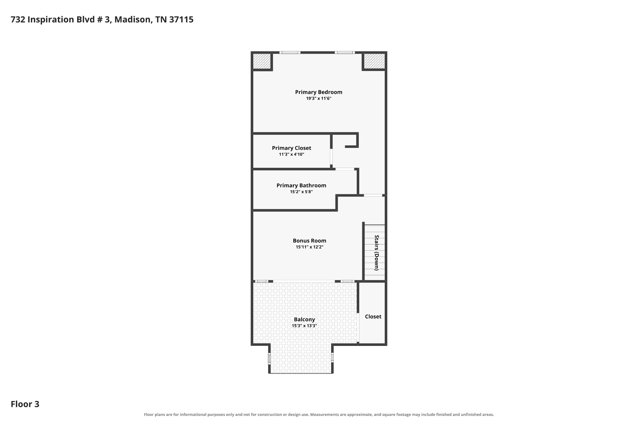 Third-floor plan showing the primary bedroom, bathroom, bonus room, stairs, and balcony.