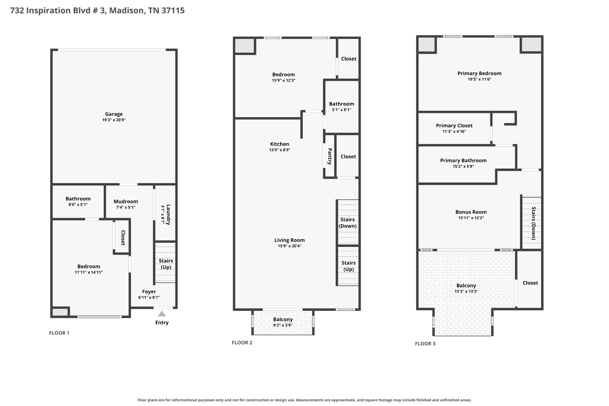 Three-level floor plan showing room layouts and dimensions for 732 Inspiration Blvd Unit 3.