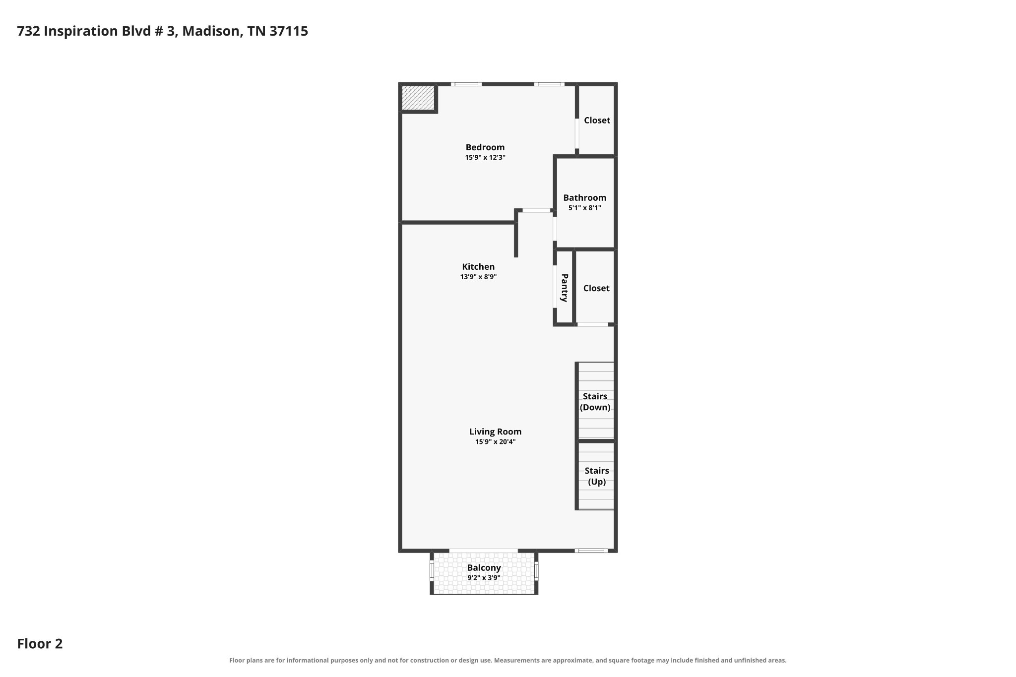 Second-floor plan showing a bedroom, bathroom, kitchen, living room, and balcony.