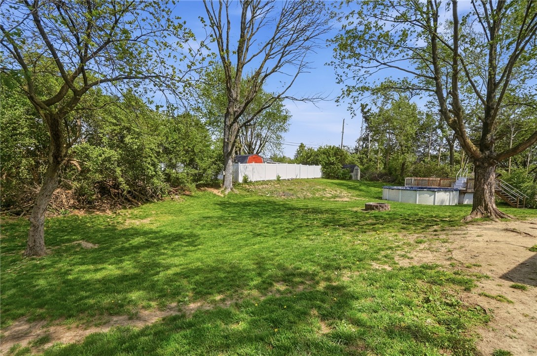 Backyard with a grassy lawn, mature trees, and an above-ground pool.
