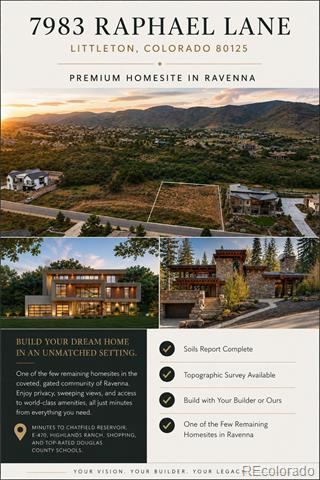 Flyer for a Ravenna homesite at 7983 Raphael Lane, featuring aerial views, home images, and property details.