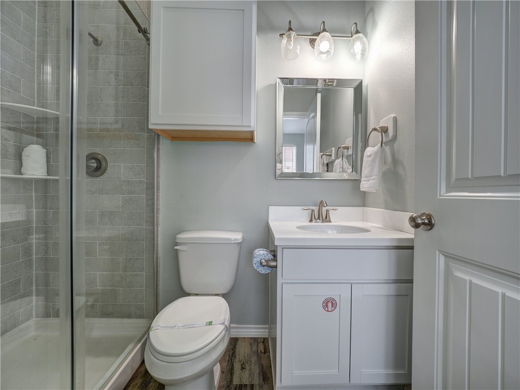 Bathroom with a gray-tiled glass shower, white toilet, and white vanity with framed mirror.