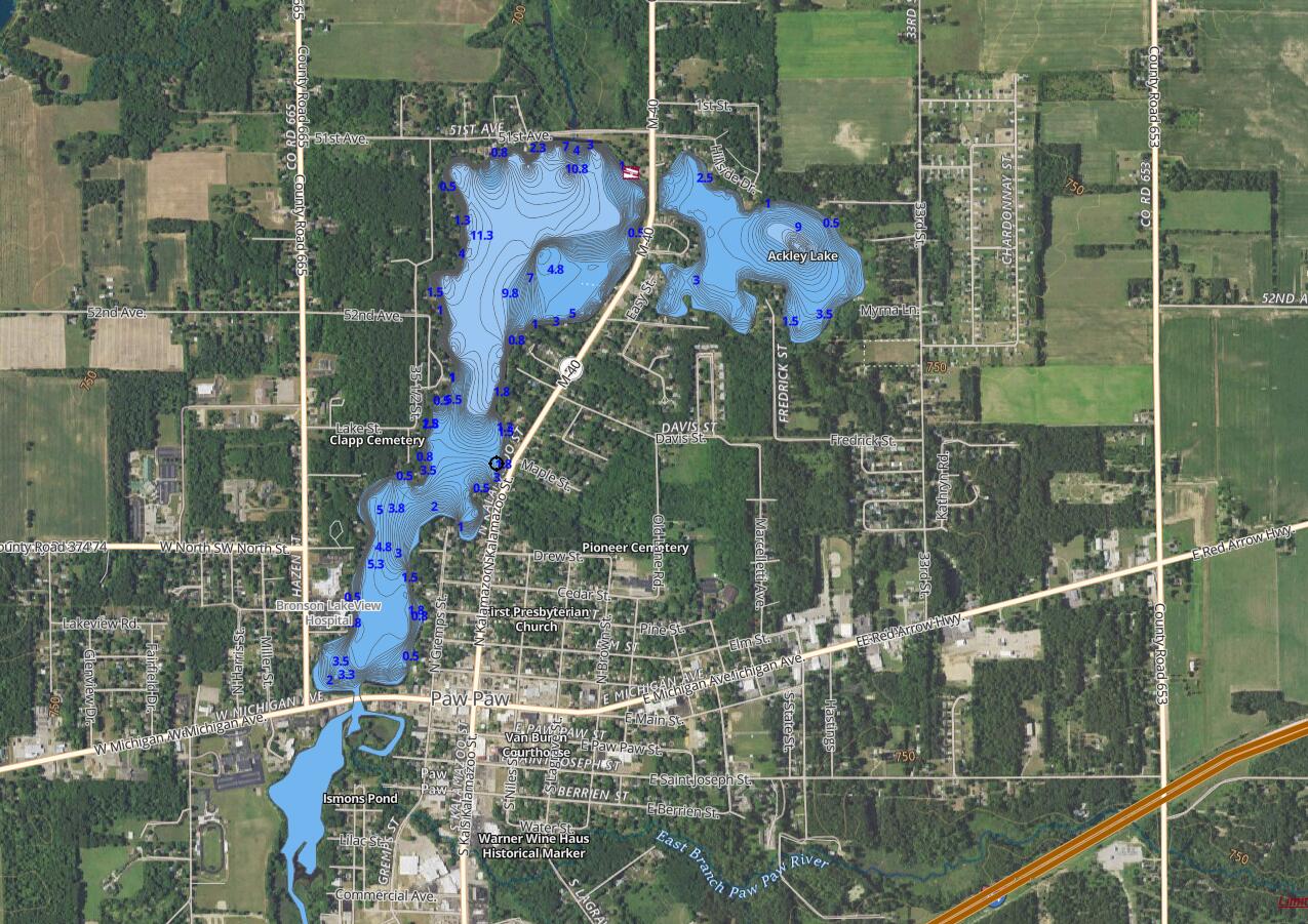 Map of Ackley Lake near Paw Paw, Michigan, with bathymetric contours and depth markings.