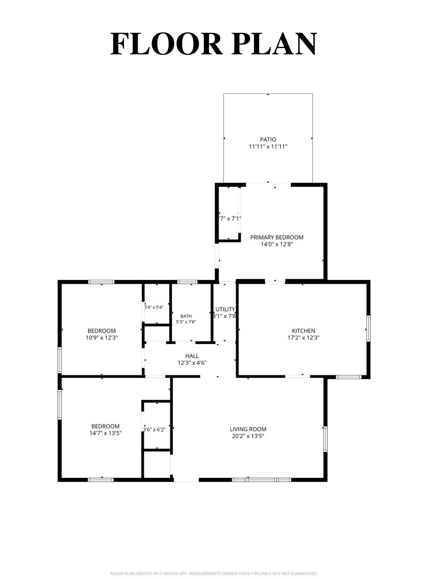 Floor plan showing three bedrooms, a kitchen, living room, bath, utility room, hall, and patio.
