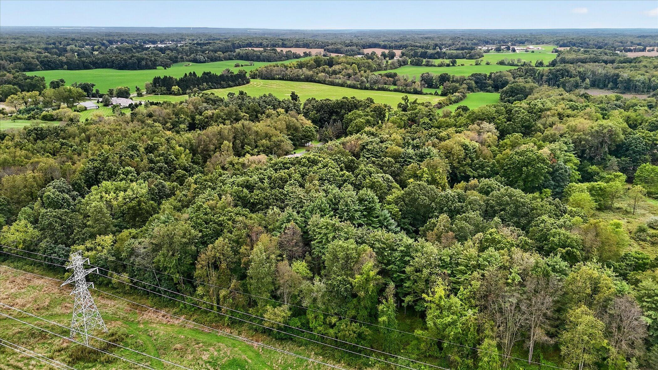 Aerial view of wooded acreage and green fields, with power lines crossing the foreground.