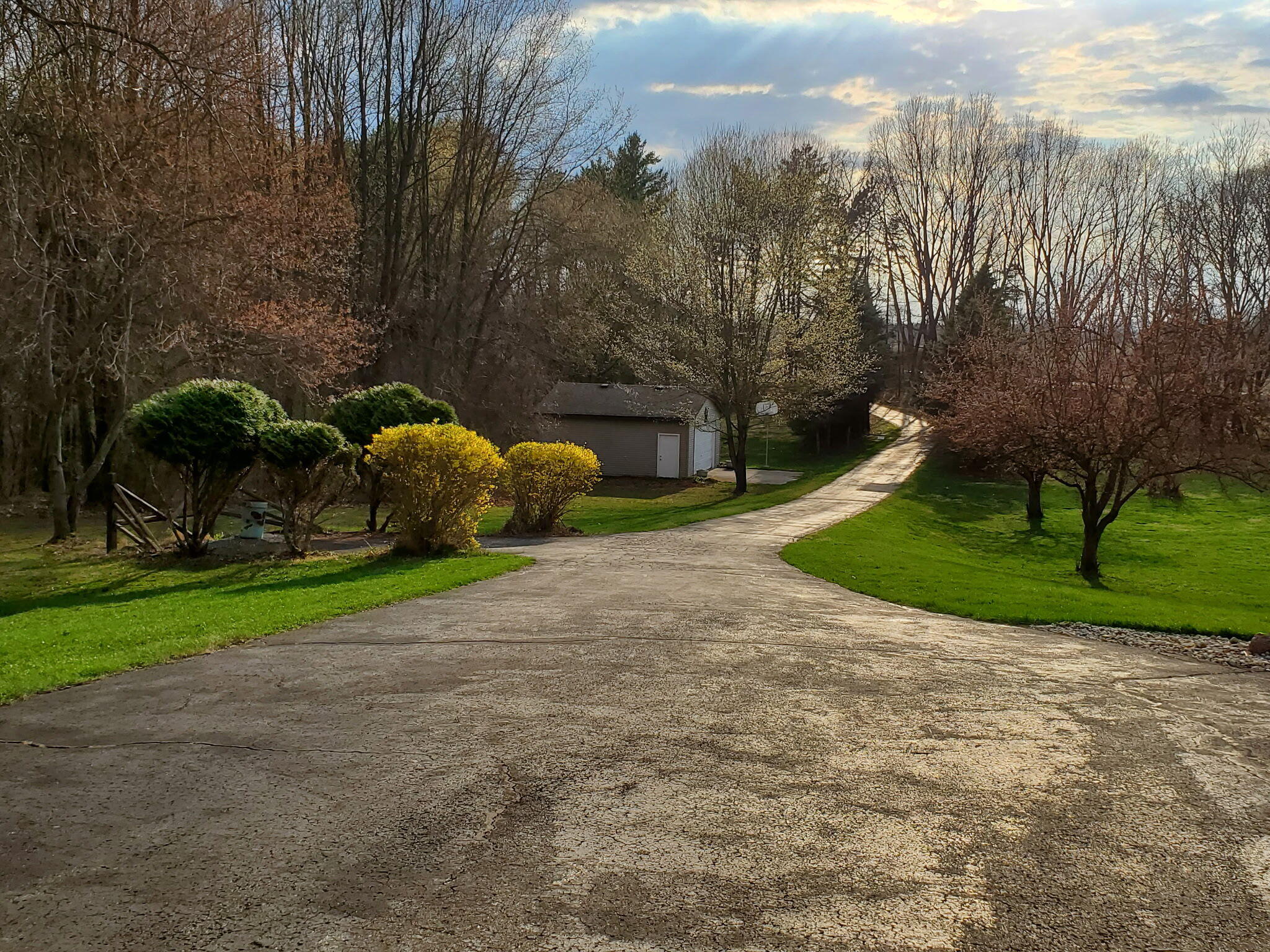 Curving driveway leads past trimmed shrubs and lawns to a detached outbuilding among leafless trees.