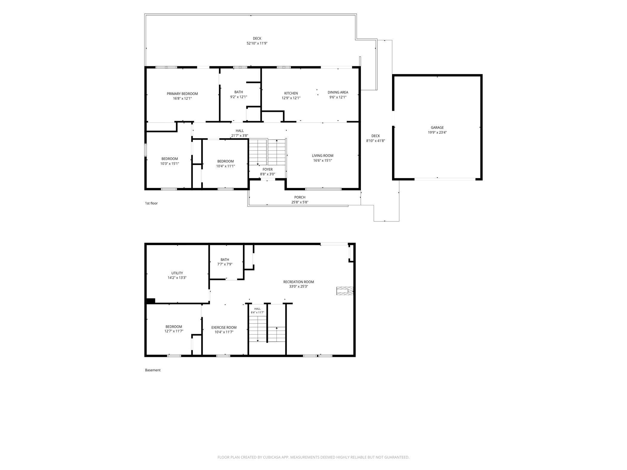 Two-level floor plan with three first-floor bedrooms, a detached garage, and a basement recreation room.
