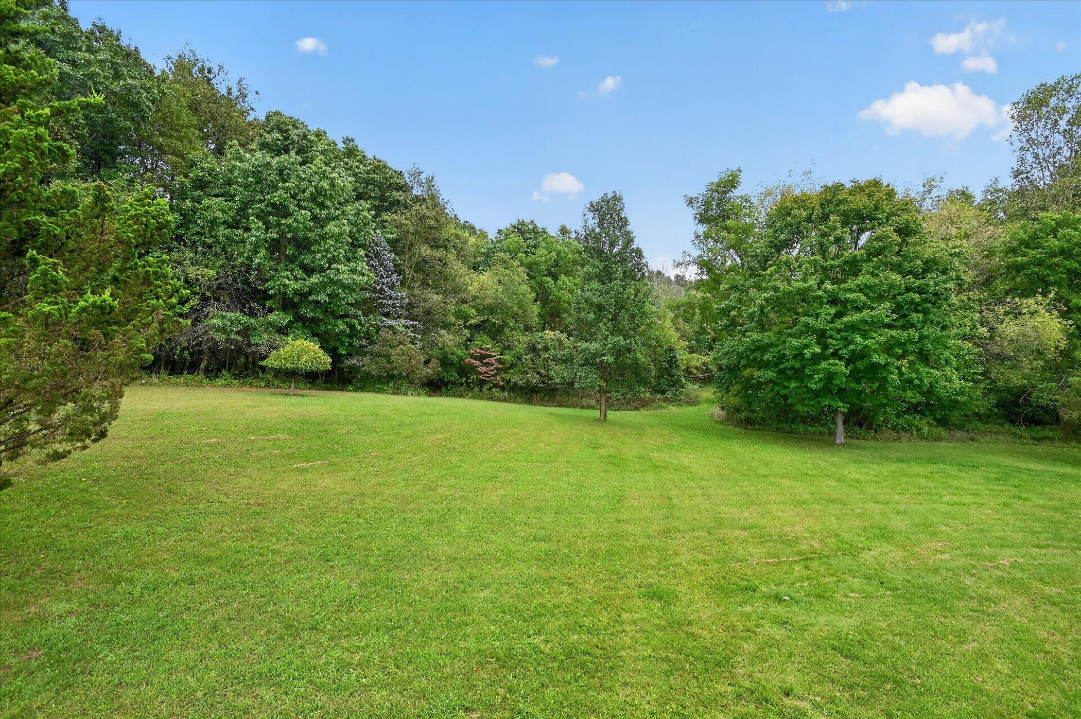 Spacious green lawn bordered by mature trees and woodland.
