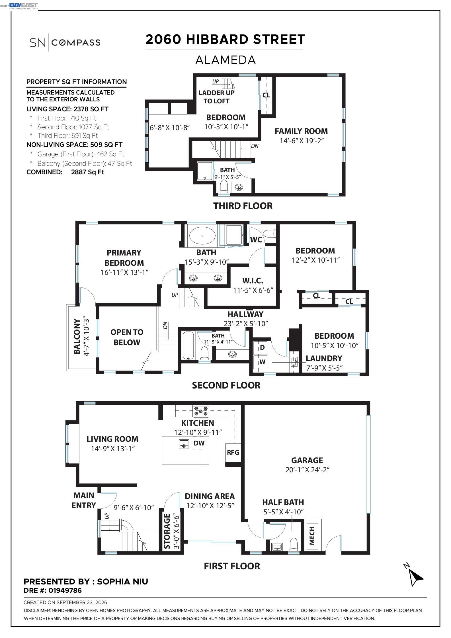 Three-story floor plan for 2060 Hibbard Street, with labeled rooms, dimensions, and floor areas.