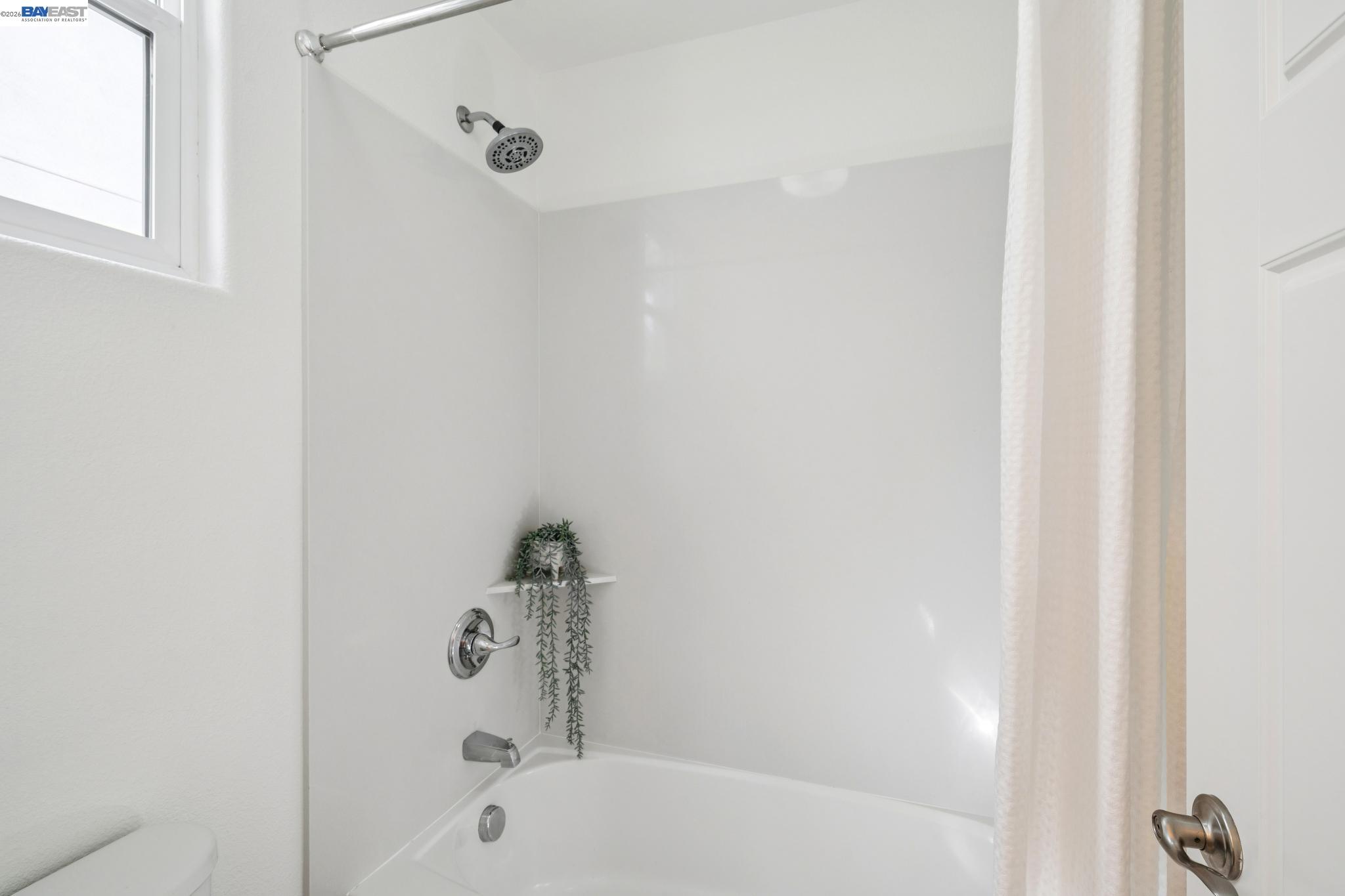 White bathtub and shower with chrome fixtures, a small window, and a trailing plant on a corner shelf.