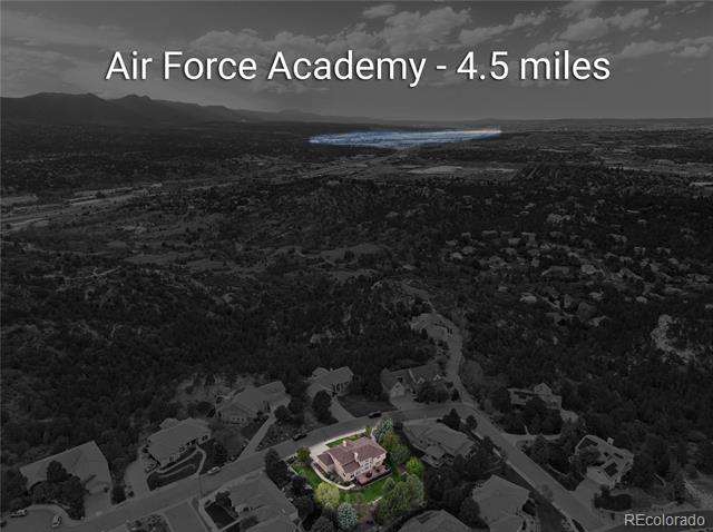 Aerial view of highlighted home near Air Force Academy, 4.5 miles away.