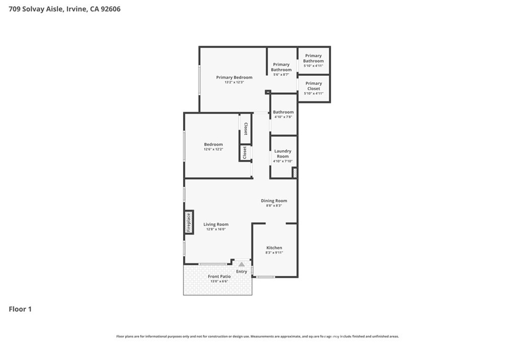 First-floor plan of 709 Solvay Aisle with two bedrooms, a fireplace, and a front patio.