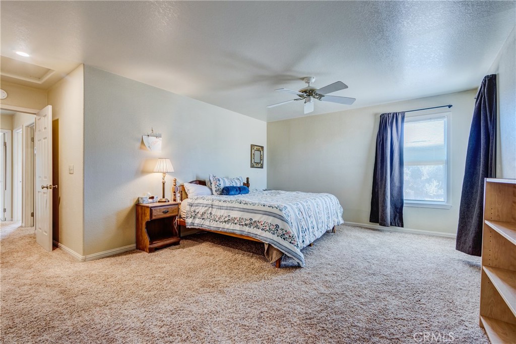 Furnished bedroom with floral bedding, a ceiling fan, and a window framed by dark blue curtains.