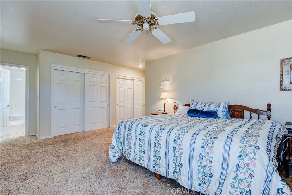 Bedroom with blue floral bedding, beige carpet, a ceiling fan, and multiple closet doors.