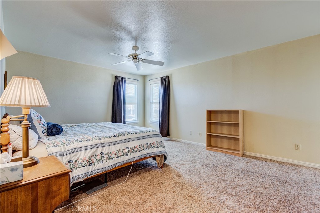 Bedroom with a floral bedspread, ceiling fan, two curtained windows, and beige carpet.