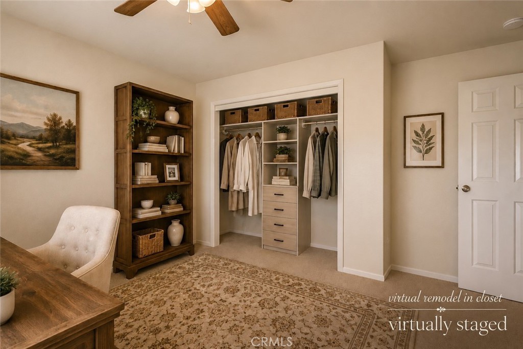 Walk-in closet with open clothing storage, built-in drawers, wooden shelving, and a patterned rug.