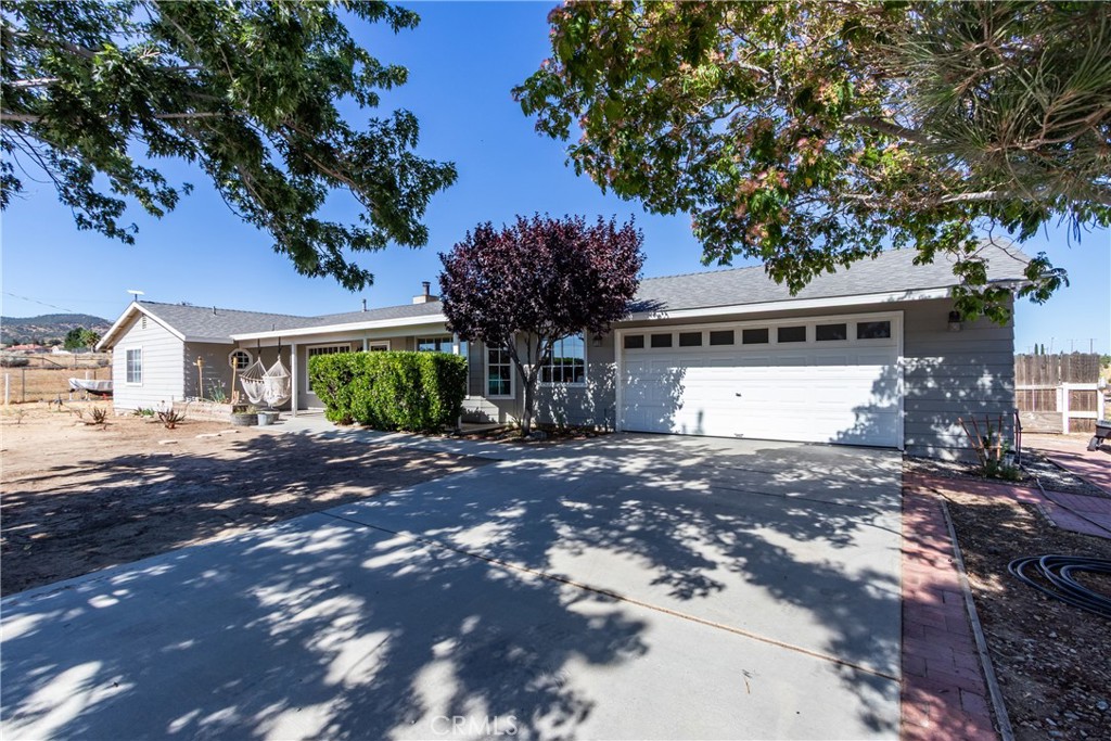 Single-story gray house with a two-car garage, shaded driveway, and hammock on the porch.