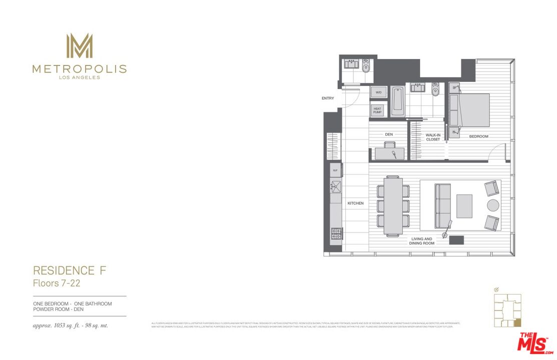 Residence F floor plan with one bedroom, den, powder room, and open kitchen and living-dining area.