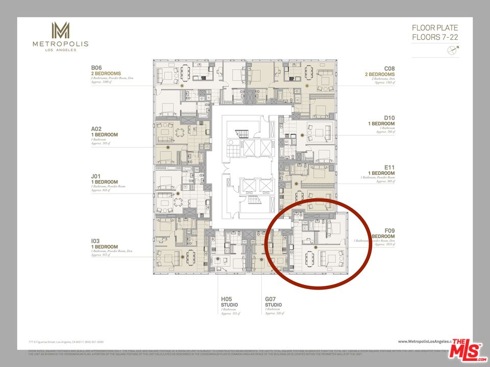 Metropolis Los Angeles floor plan with the F09 one-bedroom apartment circled.