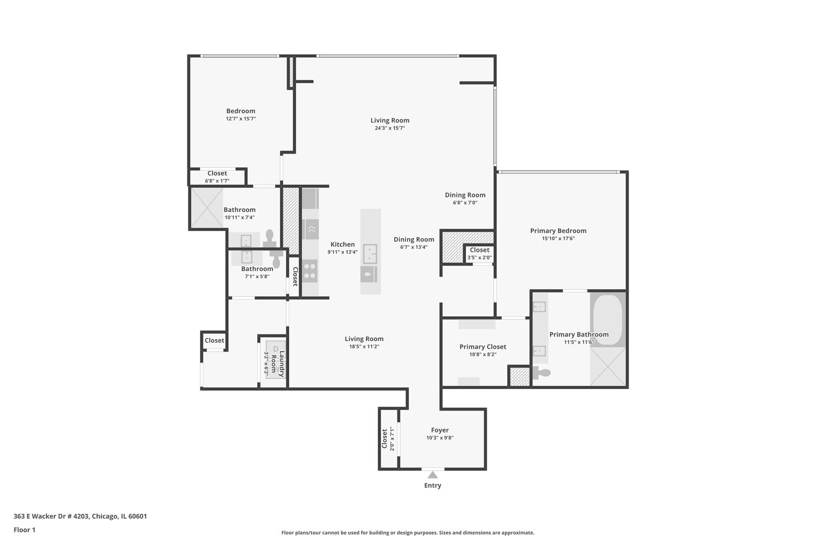 Floor plan of unit 4203 with two bedrooms, bathrooms, kitchen, living and dining areas, and foyer.