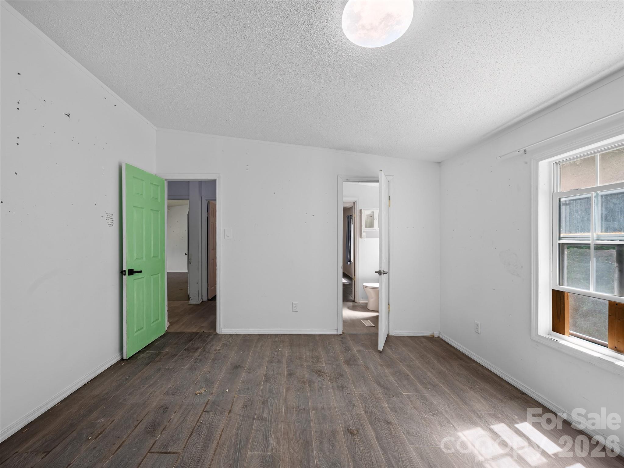 Empty bedroom with dark flooring, a bright green door, and an open doorway to a bathroom.