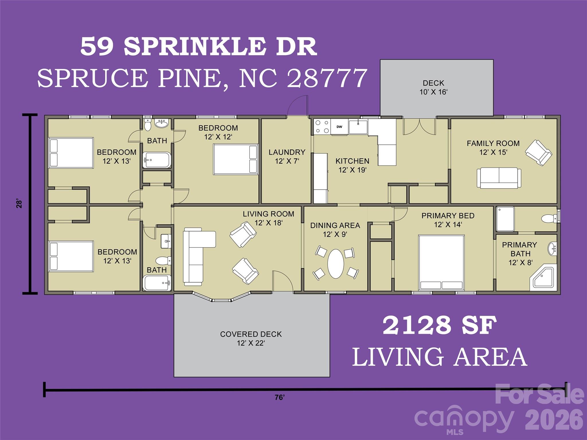 Floor plan for 59 Sprinkle Drive showing three bedrooms, living and family rooms, kitchen, and two decks.