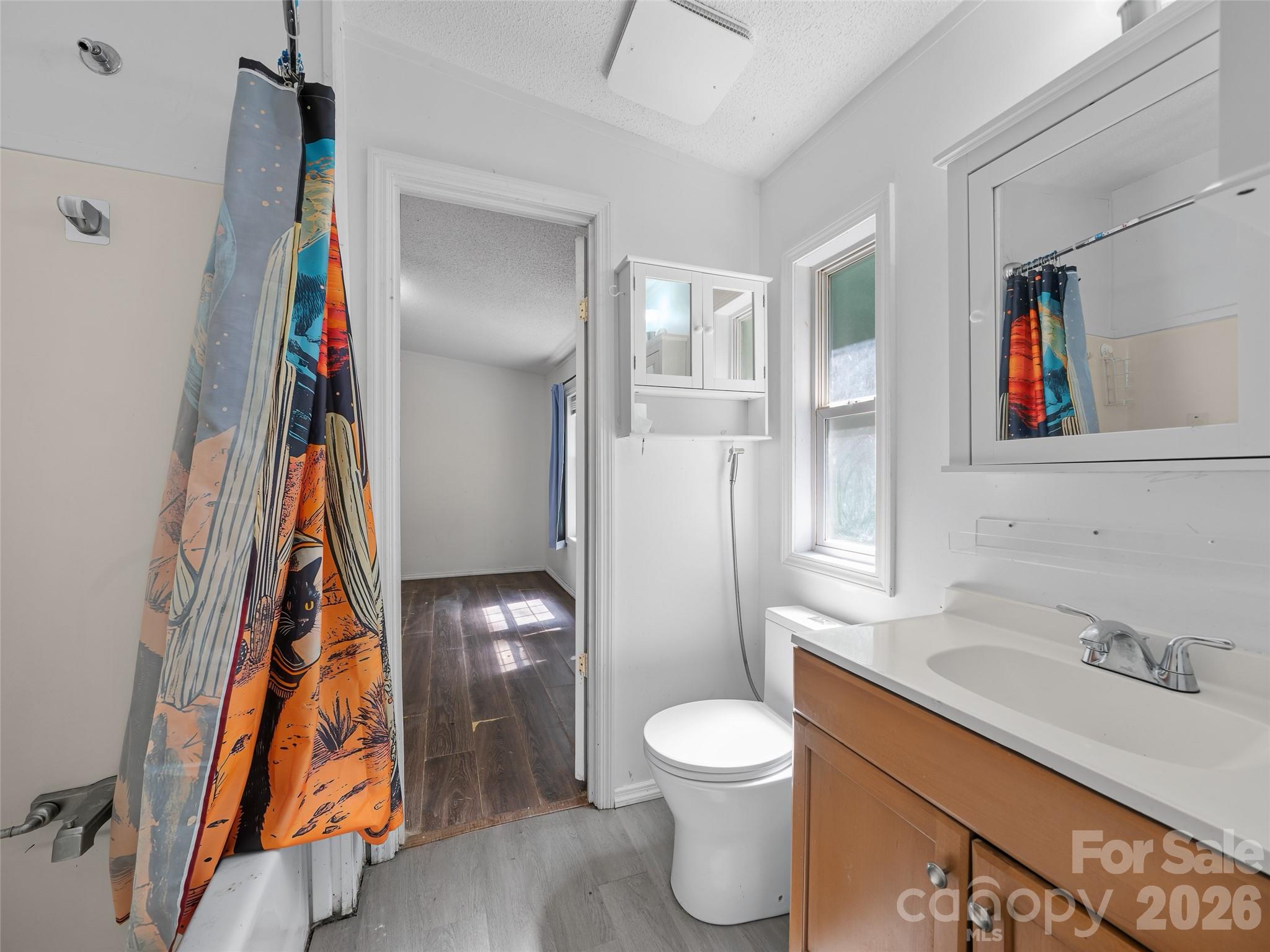 Bathroom with a colorful shower curtain, wood vanity, mirrored cabinet, and window.